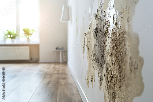 Severe wall mold damage in a modern home due to moisture and dampness. Black mold growth on white walls causing interior damage, health risks, and poor indoor air quality.

 photo