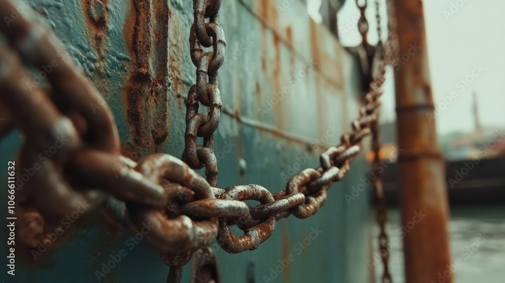 Chains are closely arranged on a dock, showcasing significant rust and wear. The dull colors reflect exposure to harsh maritime elements. Chains are closely arranged on a dock, showcasing significant rust and wear. The dull colors reflect exposure to harsh maritime elements.