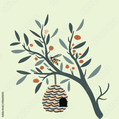 Nature Illustration with Tree Branch and Beehive