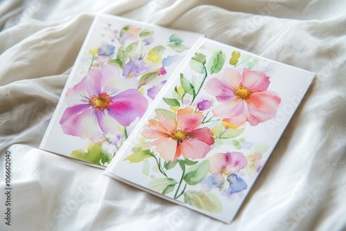 Two watercolor cards with flowers on a bed, perfect for a bedroom or romantic setting