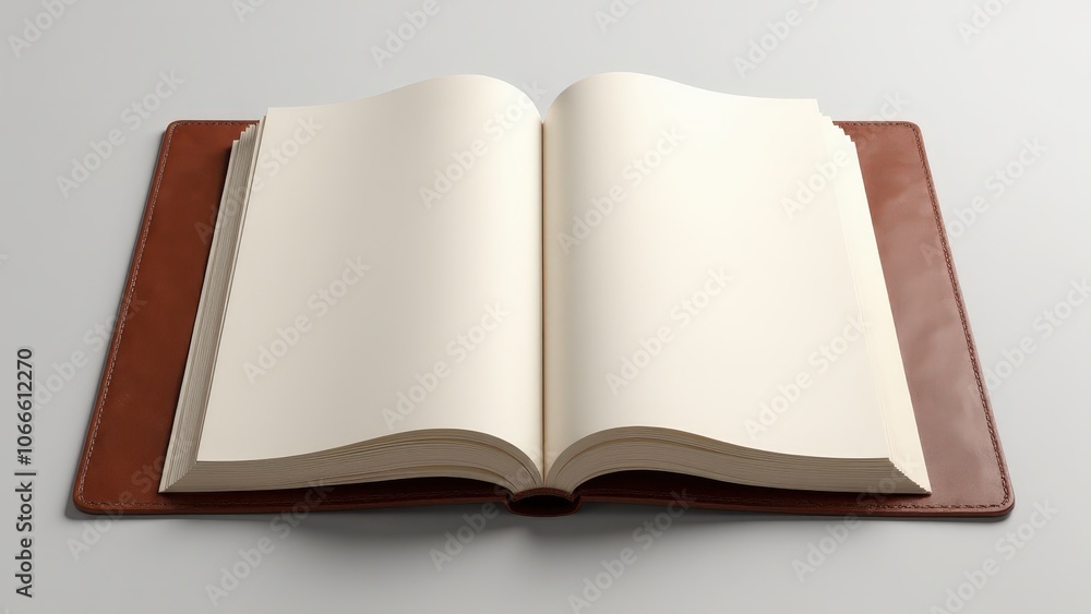 Realistic leather folder with open layout, showing blank pages for brand or design presentations Realistic leather folder with open layout, showing blank pages for brand or design presentations