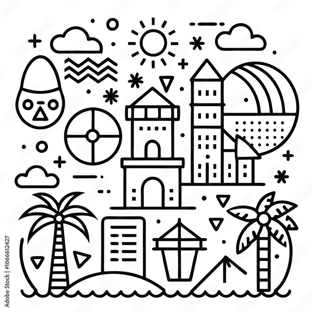 Fototapeta premium Set of outline icons related to beach. Linear icon collection