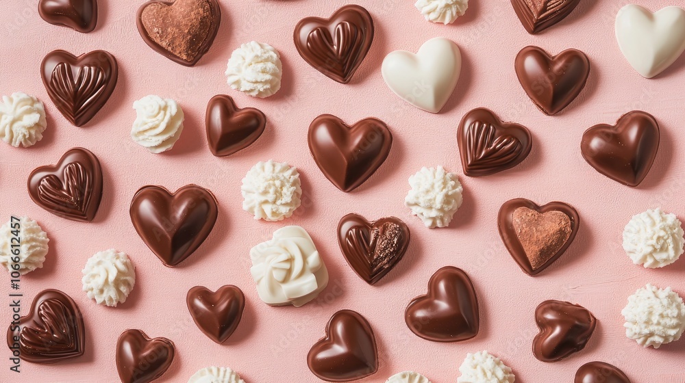 Valentine s Day backdrop featuring chocolate hearts and sugary treats on a pink surface Valentine s Day backdrop featuring chocolate hearts and sugary treats on a pink surface