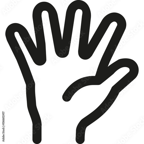 A simple black hand silhouette on a white background depicting an open palm raised, possibly symbolizing greeting or communication