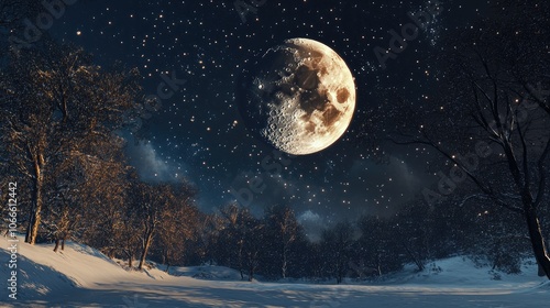 Stunning large moon illuminating the night sky filled with stars above a snowy winter forest capturing the essence of a serene holiday landscape photo