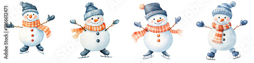 Four cheerful snowmen, each adorned with hats and scarves, are dancing joyfully against isolated on white background, embodying a festive winter spirit., transparent background.