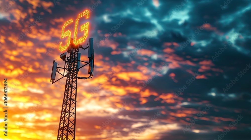 Naklejka premium 5G communication tower against a vibrant sunset sky.
