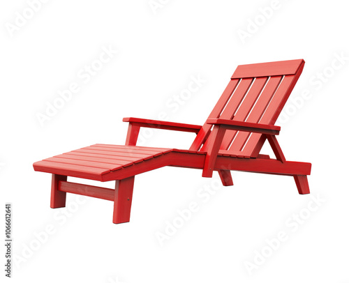 Red Adirondack chair angled view, classic wooden outdoor seating for relaxation, isolated on transparent background, ideal for patio, garden, and backyard decor