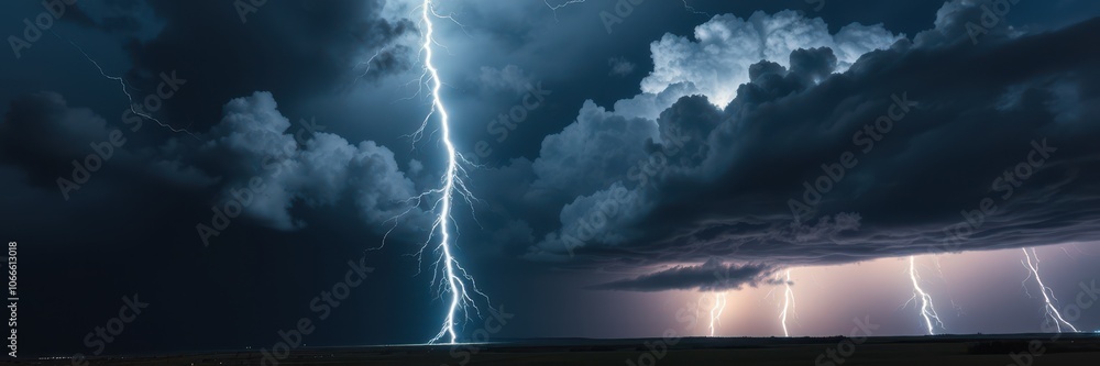 A single lightning strike illuminates the dark clouds during a powerful thunderstorm A single lightning strike illuminates the dark clouds during a powerful thunderstorm