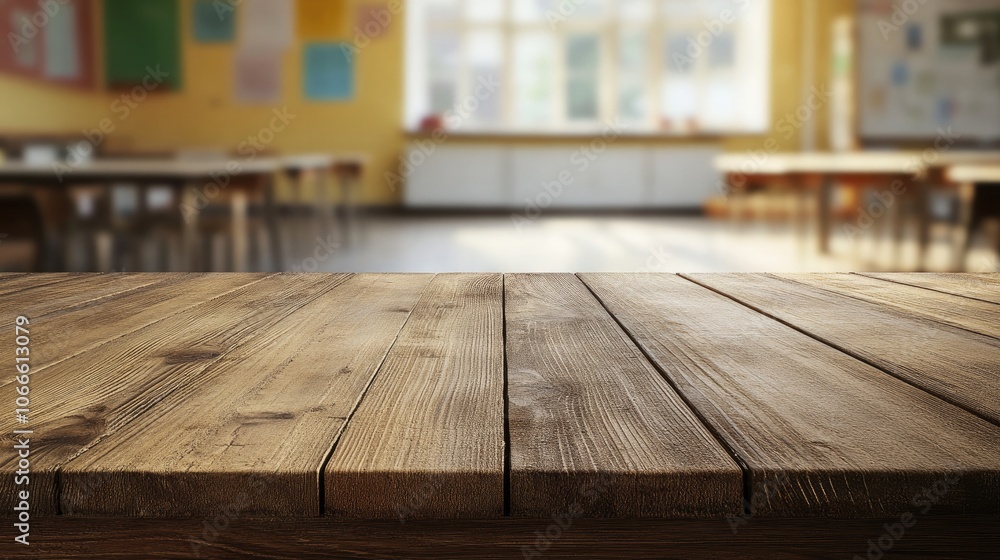 Vacant wooden table in the foreground with a blurred classroom in the background Vacant wooden table in the foreground with a blurred classroom in the background