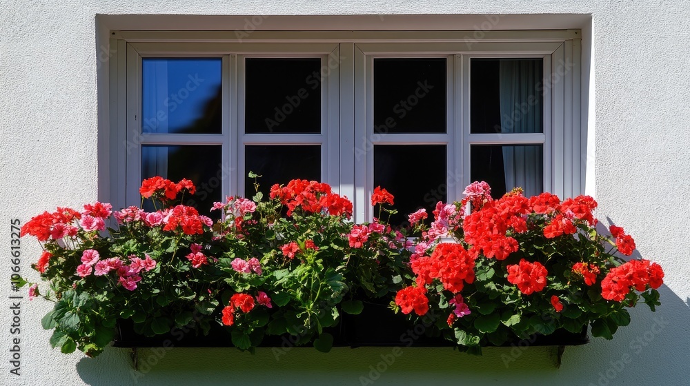 Vibrant red and pink blooms positioned near a white window Vibrant red and pink blooms positioned near a white window