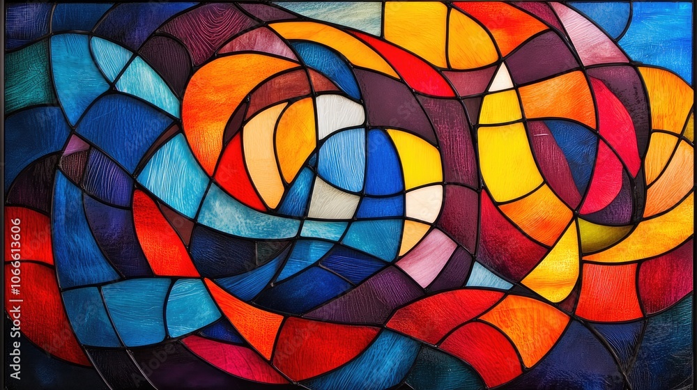 Fototapeta premium Vibrant stained glass window featuring a mosaic of intertwining elements in bold shades of red blue yellow orange and purple set against a dark backdrop