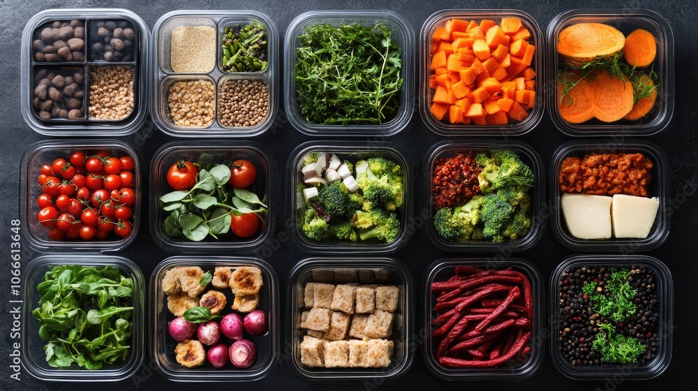 Variety of meal prep containers filled with nutritious ingredients Variety of meal prep containers filled with nutritious ingredients