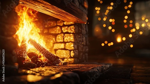 Cozy fireplace with flames and glowing lights for warm ambiance. photo