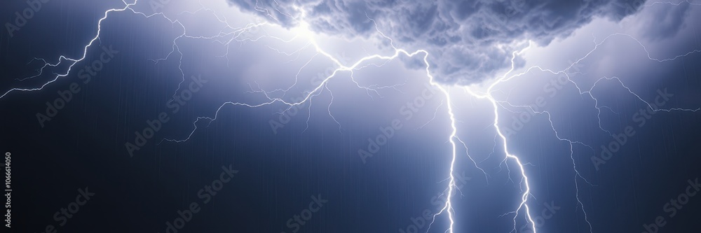 A bright lightning bolt streaks through the dark clouds during a summer thunderstorm A bright lightning bolt streaks through the dark clouds during a summer thunderstorm