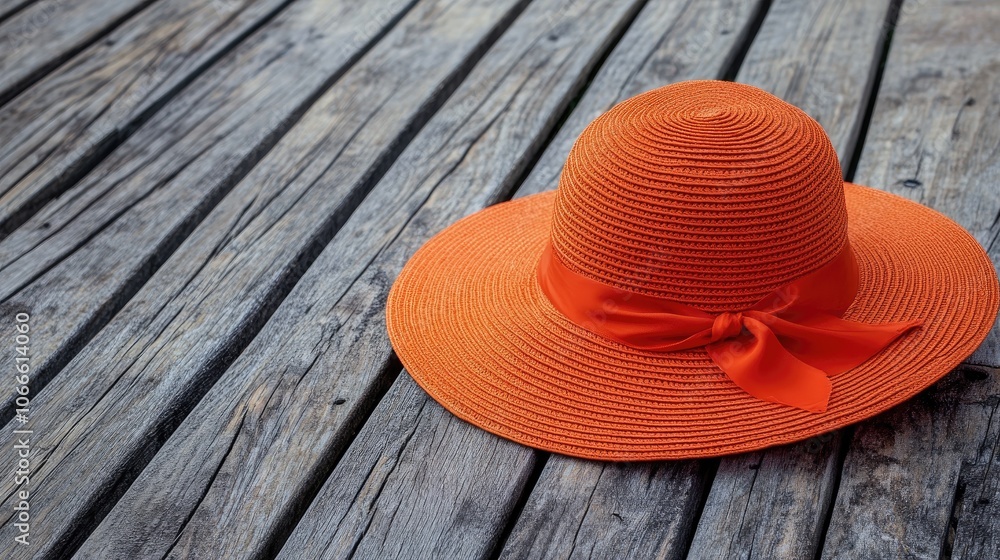 Stylish orange summer hat adorned with a ribbon positioned on a wooden deck perfect for text overlay or copy space Stylish orange summer hat adorned with a ribbon positioned on a wooden deck perfect for text overlay or copy space