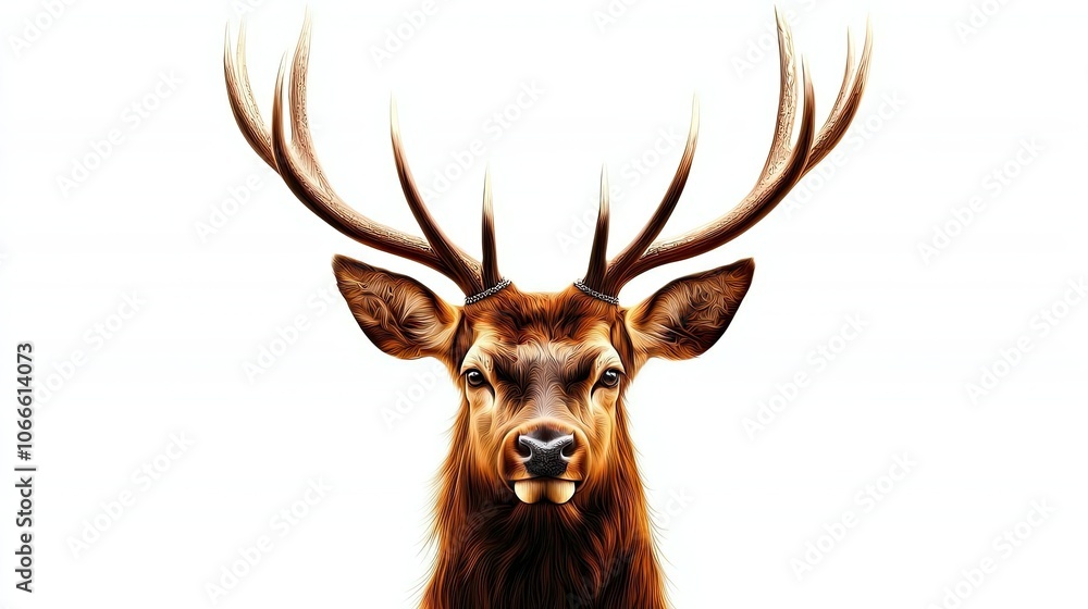 Fototapeta premium Majestic stag with large antlers, white isolated background.