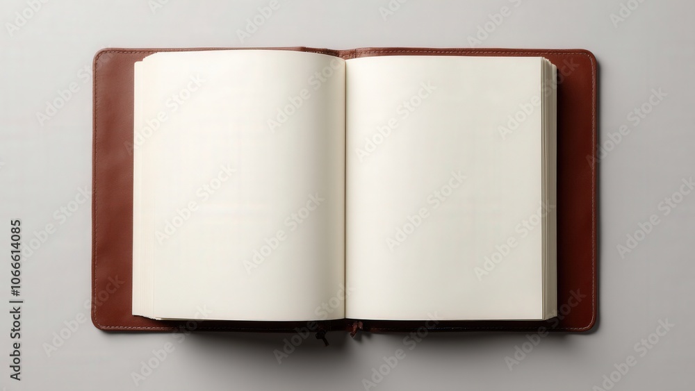 Clean leather document folder open with blank pages and detailed stitching, ideal for corporate designs Clean leather document folder open with blank pages and detailed stitching, ideal for corporate designs