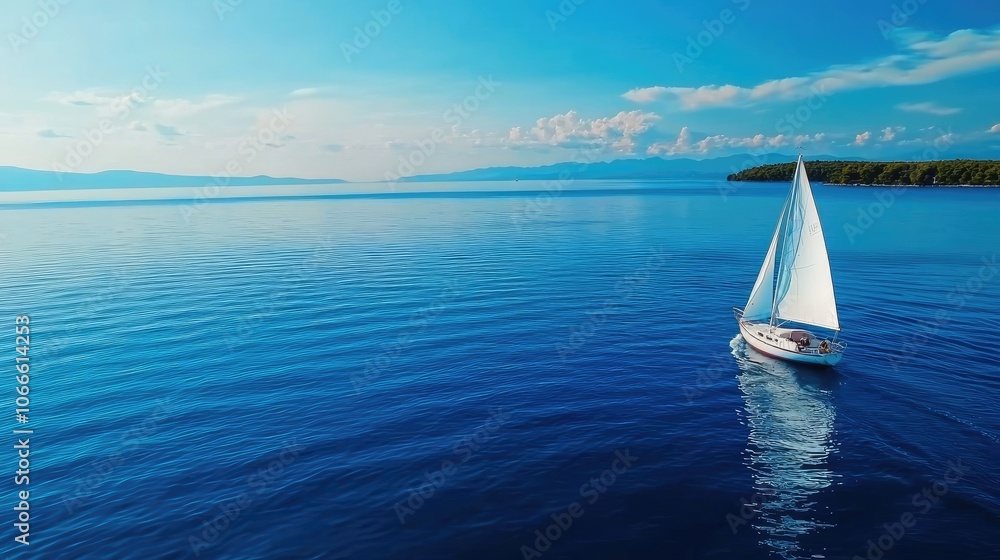 Obraz premium Sailing boat on calm blue water under a bright sky, serene travel adventure.