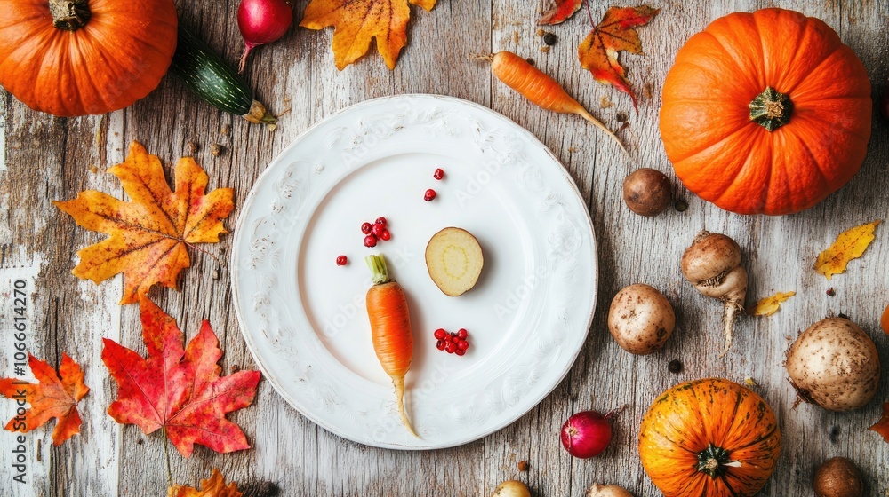 Top view of autumn farm vegetables and root crops on a white plate offering ample copy space for a menu or recipe A backdrop of healthy organic food
