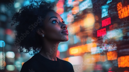 Elegant black woman in black top looking up at a digital wall with lights and screen projections