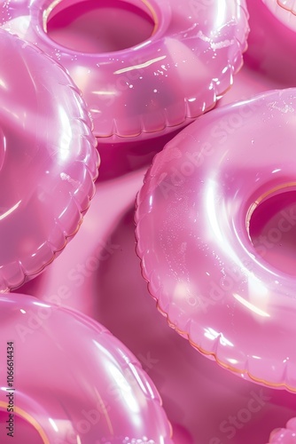 A pile of colorful pink inflatables stacked high photo