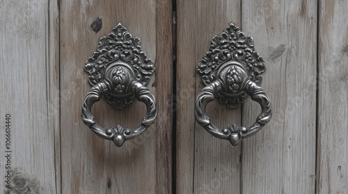 Two ornate silver door knockers on a rustic wooden door photo