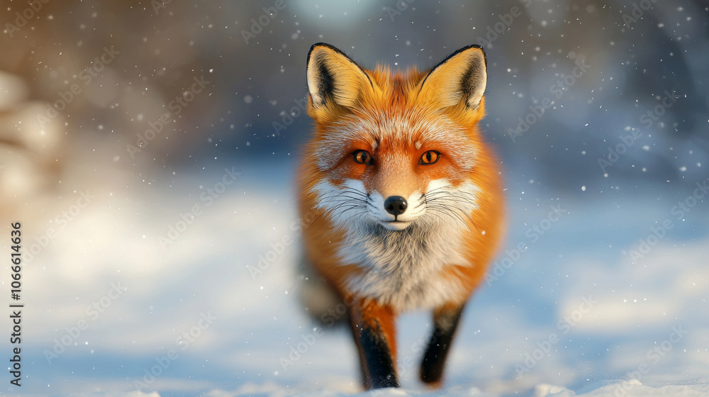 Obraz premium Vibrant Red Fox in Motion Across a Snow-Covered Wilderness