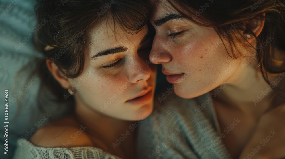 A pair of women relaxing together on a bed, one lying above the other A pair of women relaxing together on a bed, one lying above the other