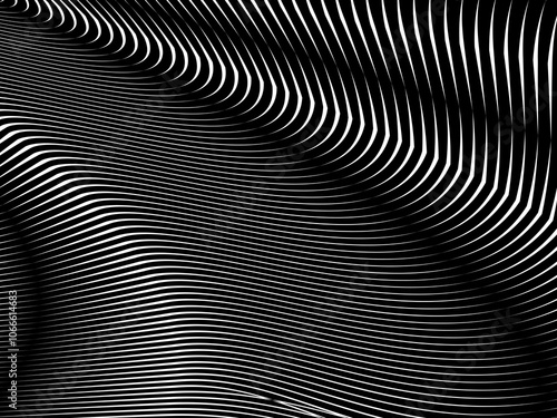 Abstract art geometric background with shiny abstract 3d black and white stripes pattern. Black and white optical illusion with waves and transitions.