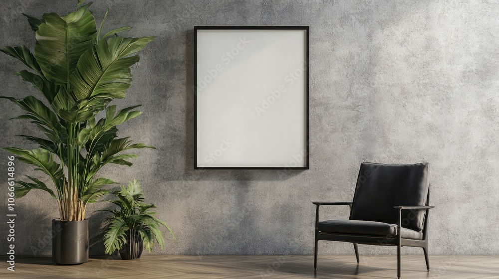 Vertical empty large frame for wall art mockup in a modern boho setting featuring a minimalist chair and a houseplant Vertical empty large frame for wall art mockup in a modern boho setting featuring a minimalist chair and a houseplant