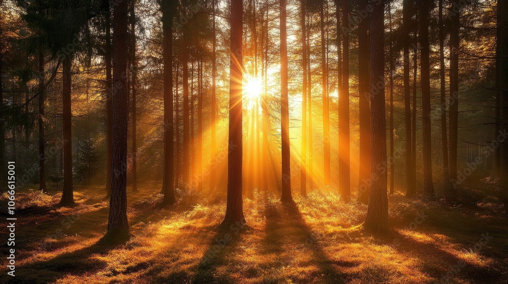 Fototapeta premium Sunlight filtering through a pine tree forest during the golden hour