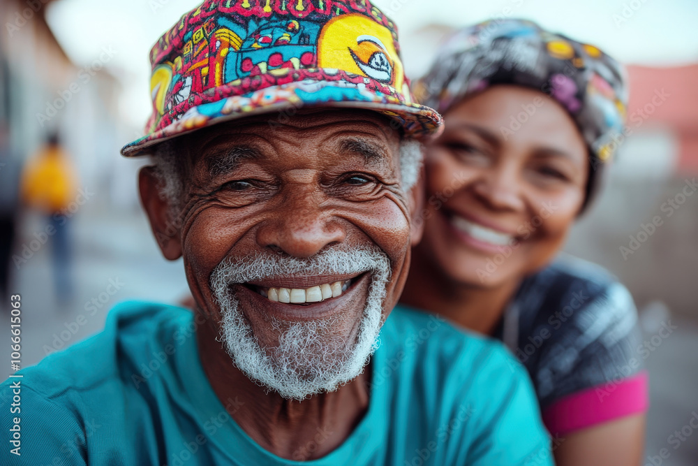 An elderly couple wearing bright, patterned caps stand close, exuding happiness and love, showcasing a lifetime of camaraderie in an outdoor setting. An elderly couple wearing bright, patterned caps stand close, exuding happiness and love, showcasing a lifetime of camaraderie in an outdoor setting.