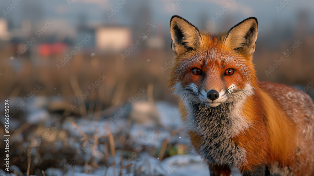 Naklejka premium Winter Adventure: Red Fox Exploring Snowy Mountains