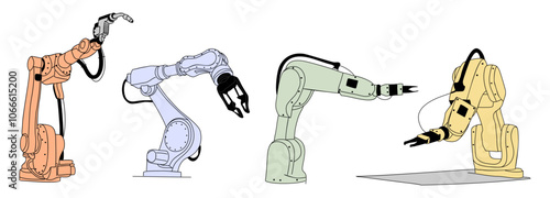 Set of colored outline drawings of modern automatization technology, robotic arms. Artificial intelligence support for industry concept. Vector hand drawn illustrations on transparent background.