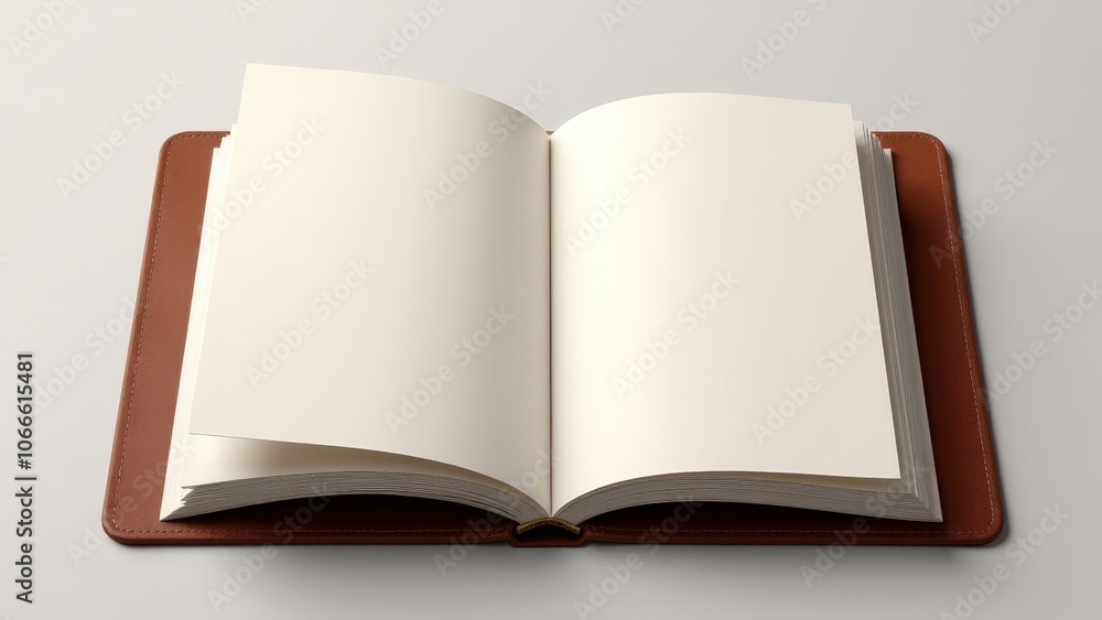 Realistic file portfolio in premium brown leather, open to blank pages, perfect for presentations Realistic file portfolio in premium brown leather, open to blank pages, perfect for presentations