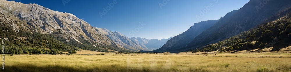A peaceful valley surrounded by mountains under a clear sky symbolizing shared strength and harmony A peaceful valley surrounded by mountains under a clear sky symbolizing shared strength and harmony