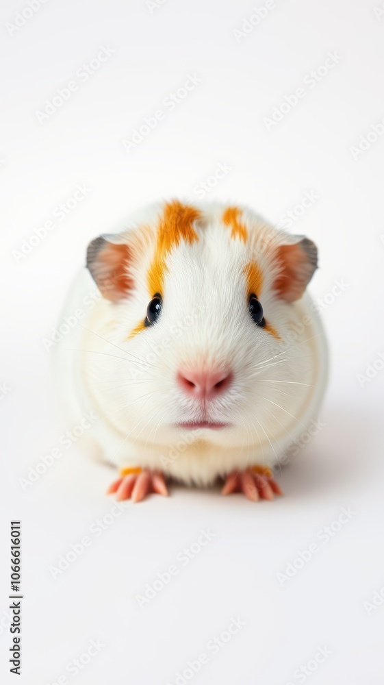 A white and orange guinea pig with brown eyes sits on a white background