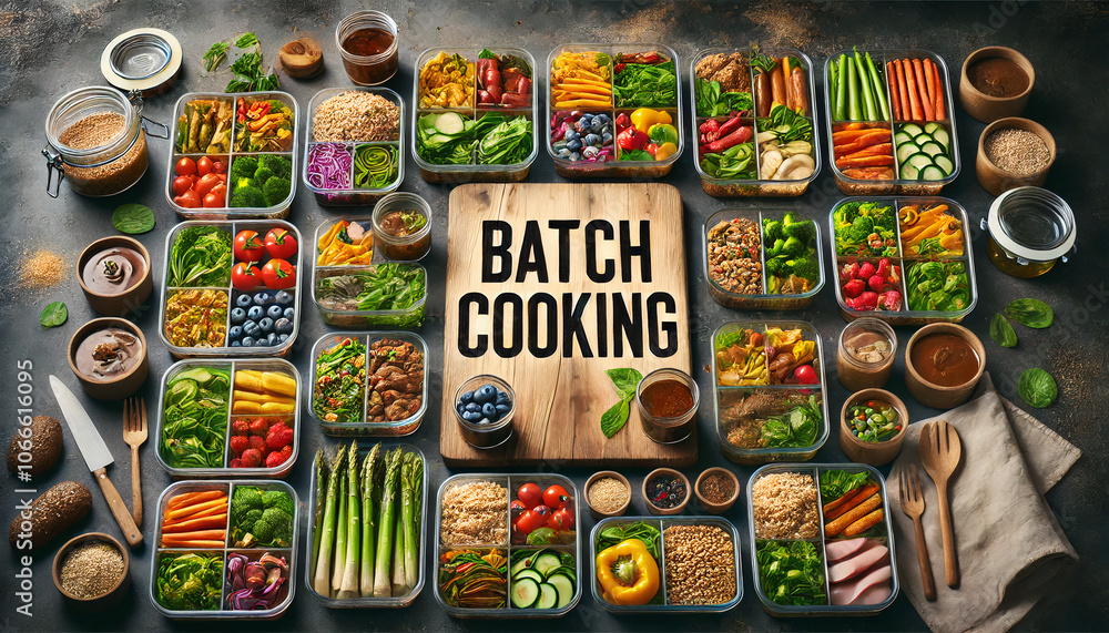 Obraz premium Organized batch cooking with various healthy foods in glass containers, perfect for meal prepping and balanced diet