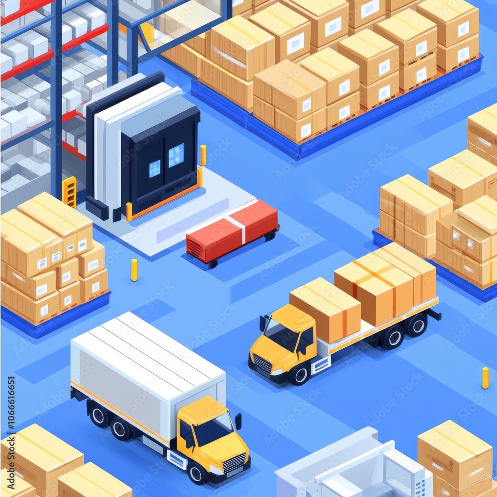 Isometric illustration of trucks loading and unloading boxes in a warehouse. Isometric illustration of trucks loading and unloading boxes in a warehouse.