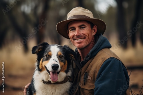 Happy man with his australian shepherd dog in the forest. photo