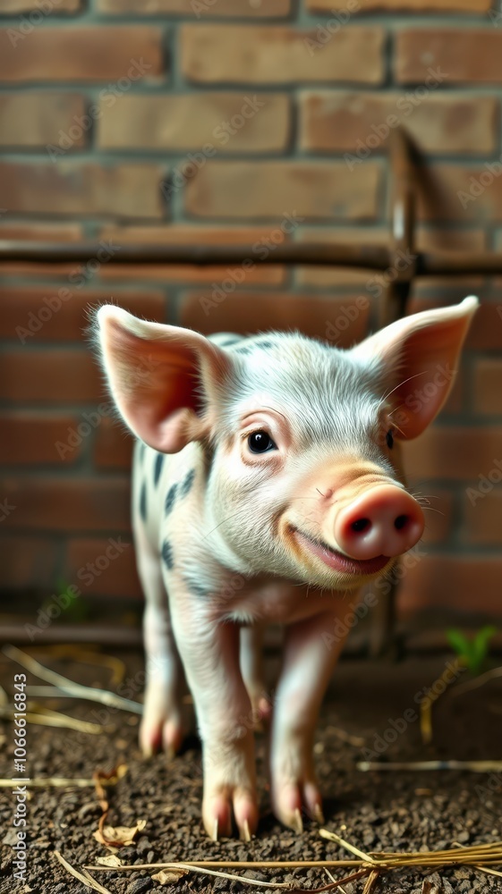 A small, spotted piglet stands on a dirt path in front of a brick wall A small, spotted piglet stands on a dirt path in front of a brick wall