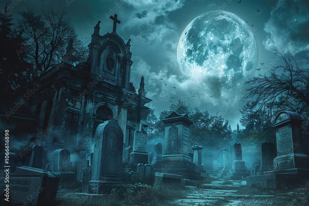 Fantastically mysterious cemetery with tombstones and scary atmosphere Fantastically mysterious cemetery with tombstones and scary atmosphere