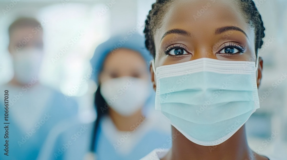Medical staff wearing masks in a hospital setting, symbolizing dedication and protection in the face of health challenges. Medical staff wearing masks in a hospital setting, symbolizing dedication and protection in the face of health challenges.