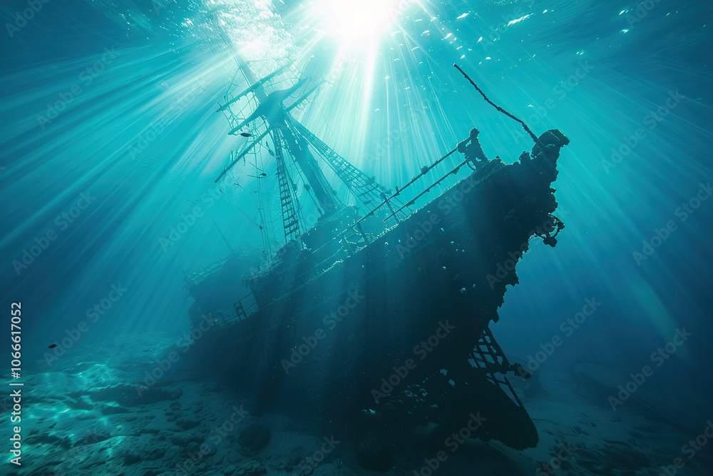 Underwater view of an sunken ship on seabed with fish swimming around Underwater view of an sunken ship on seabed with fish swimming around