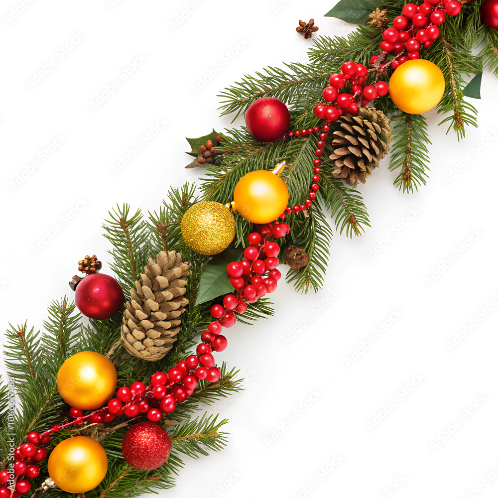New Year and Christmas border design isolated on white background, fir tree branches ribbon bows golden and red decorative baubles and pine cones traditional design New Year and Christmas border design isolated on white background, fir tree branches ribbon bows golden and red decorative baubles and pine cones traditional design