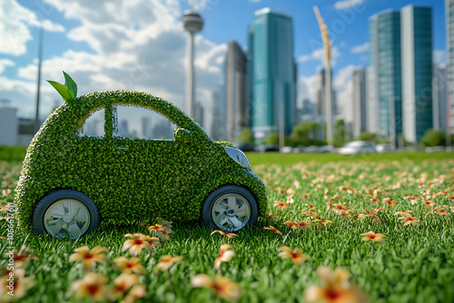 Eco-friendly grass-covered car in urban landscape, symbolizing green transportation, sustainability, and environmental awareness; ideal for promoting clean energy and eco-friendly vehicles. photo