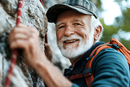  Senior man climbing rock wall with a joyful smile, symbolizing active lifestyle, adventure, and healthy aging; ideal for promoting outdoor activities and fitness in later years. photo