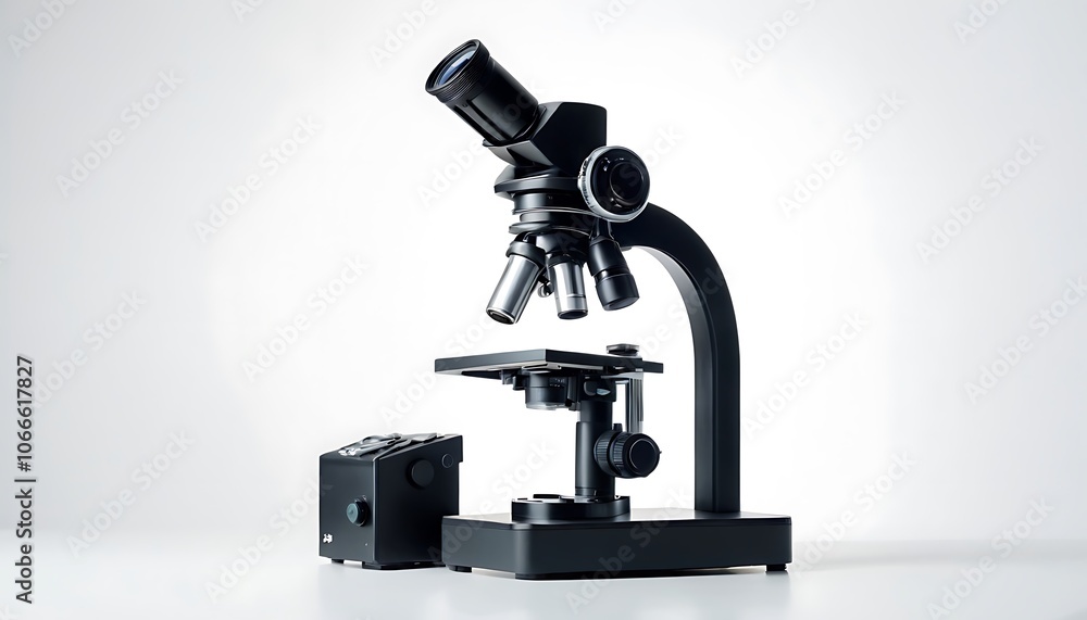 Microscope on a sleek white background with subtle shadows,Modern microscope on light background, closeup view,123