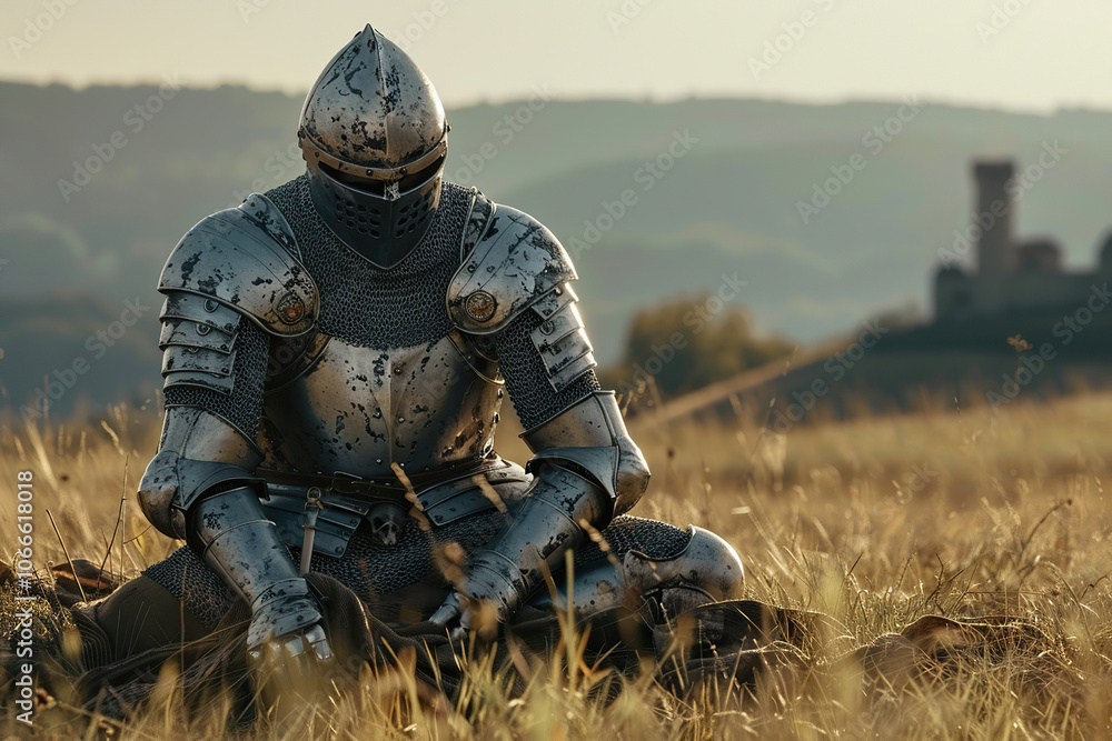 A fantastic royal knight in armor guards the castle chambers A fantastic royal knight in armor guards the castle chambers